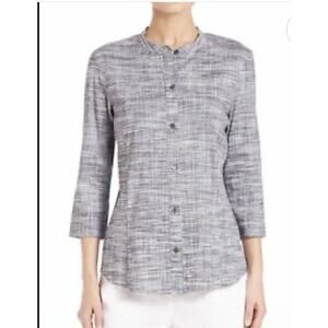 Theory Linen Shirt M Black White Buttons 3/4 Sleeves Career Stretch Kalsentra